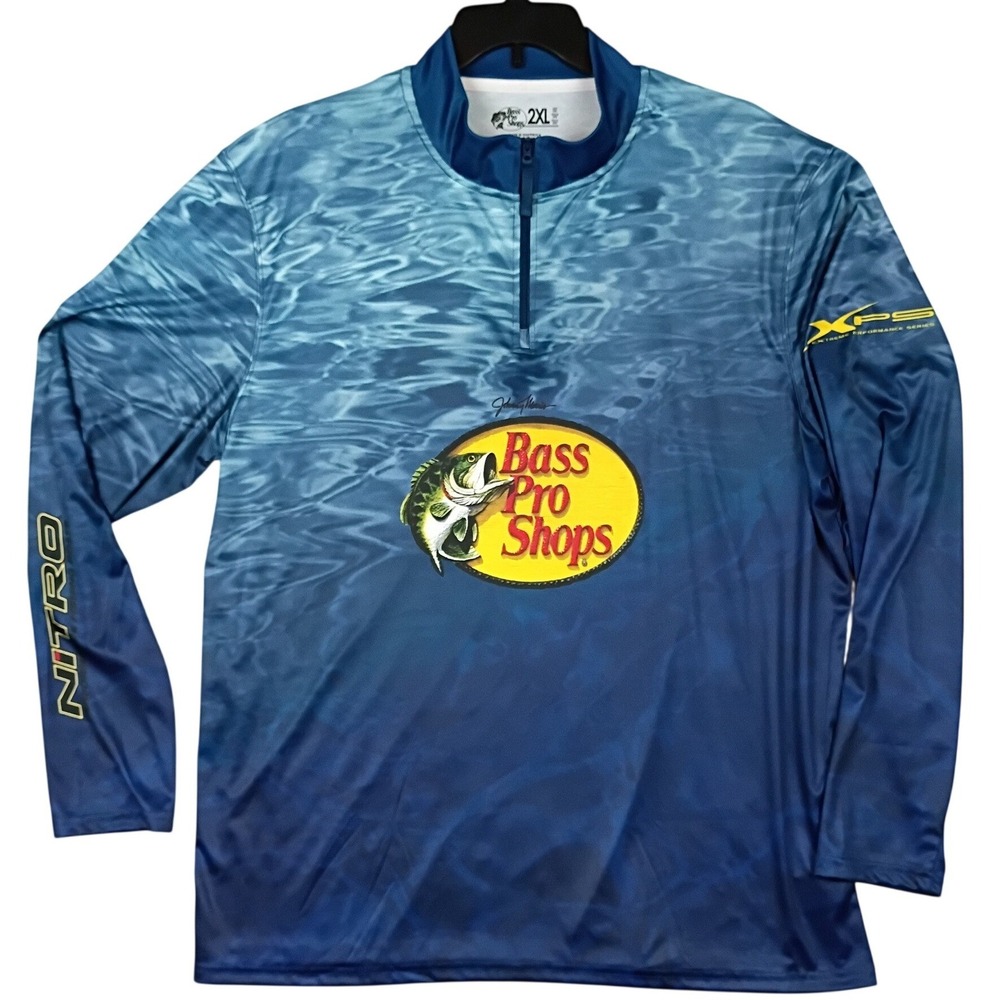 Bass Pro Shops 1/4 Zip Fishing Shirt Mens 2XL Blue Nitro Johnny Morris Signature